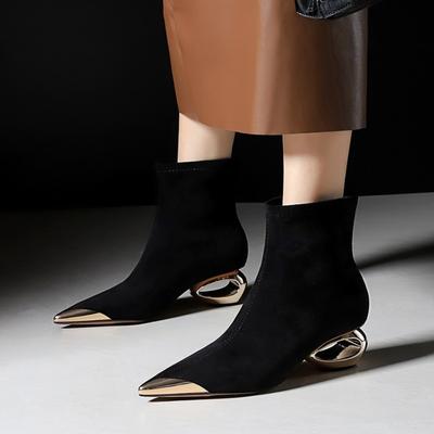 Woman Fashion Metal Pointed Coarse Heeled Boots Black Vintage Suede Elastic  Ankle Boots 2025 Winter Female Outdoor Short Boots