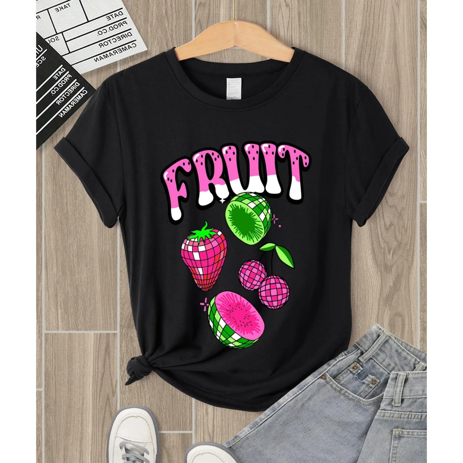 

Fruit Strawberry Cherry Kiwi Print Women T-Shirt Y2K Casual T Shirts Trendy Comfortable Short Sleeve All-Match Streetwear S чёрный