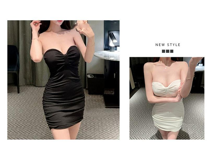 Korean Slimming Bow-Detail Ruched Bodycon Bandeau Dress for Women