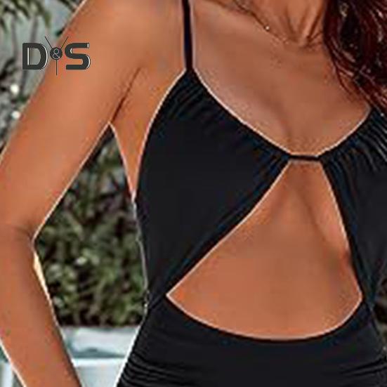 Women One-piece Swimsuit Sling High Waist Hollow Monokini Solid Color Quick Drying Elastic Fabric Beachwear with Chest Pad