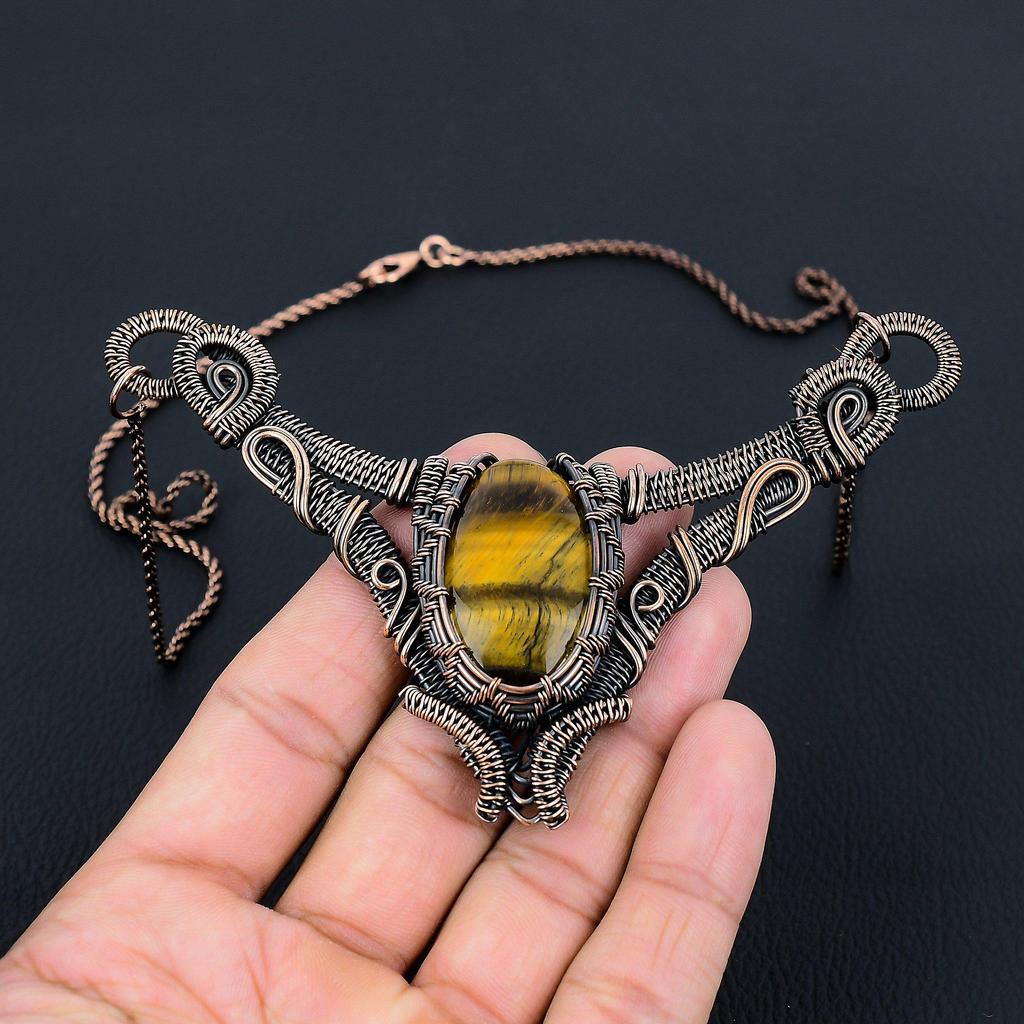 Elegant Tiger Eye Gemstone Pure Copper Wire Wrapped Handmade Necklace Jewelry