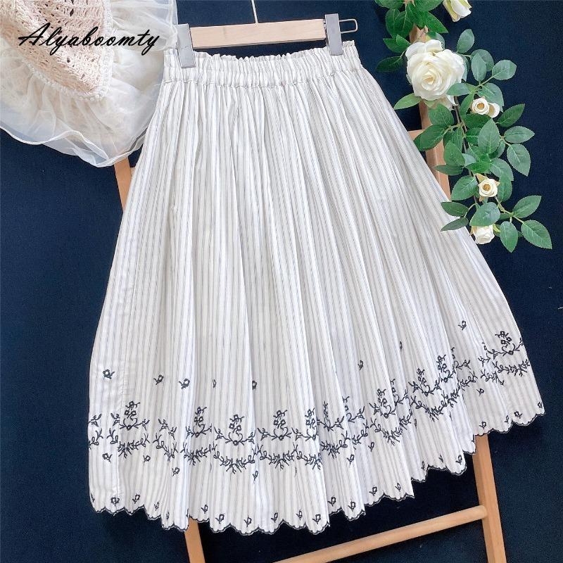 Mori Girl Spring Summer Women Short  A-Line Skirt Elastic Waist Striped Embroidery Skirt Vintage Basic Ladies' Skirts Womens