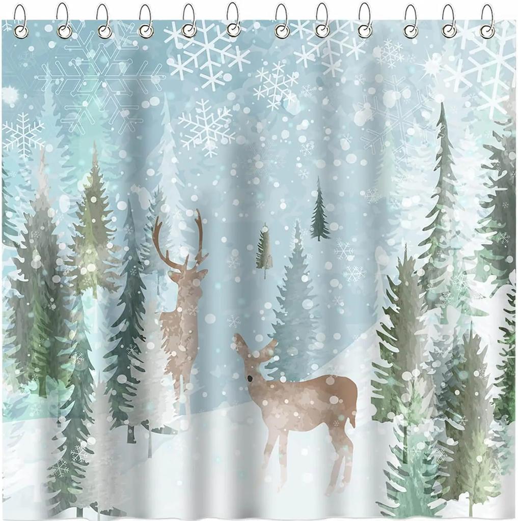 GAEWinter Deer Shower Curtain Deer and Forest Snow Forest Tree Scene Snowflake Christmas Shower Curtain Bathroom Bathtub Curta