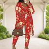 Women Plus Size Red Floral Printed Three Piece Set Long Sleeve Open Front Cardigan Crop Top Long Pants