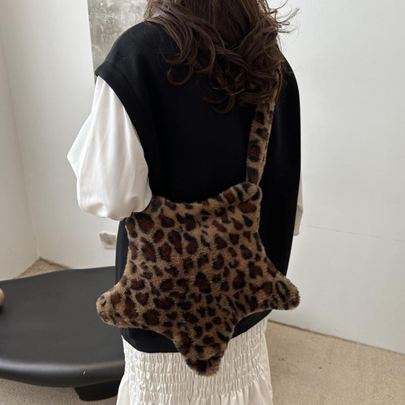 Winter Furry Star Large Capacity Shoulder Bag Vintage Tote Handbags Female Leopard Pattern Plush Crossbody Bags for Women CLE