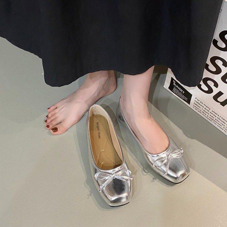 Silver  shoes light mouth bow spring new French gentle evening wind flat bottom ladyshoes women's shoes