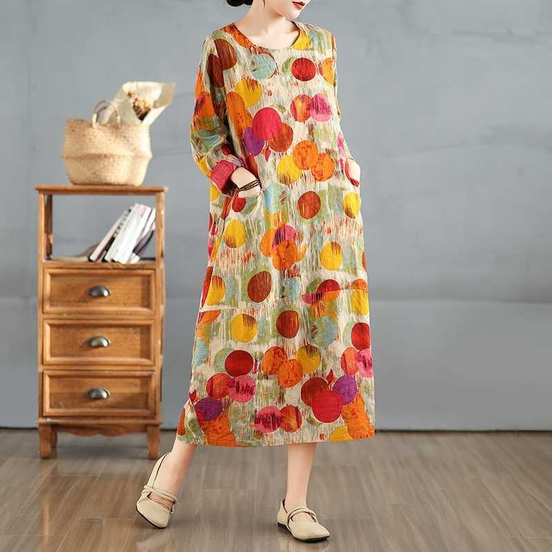 2025 New Vintage Printed Round Neck Loose Large Size Long Dresses