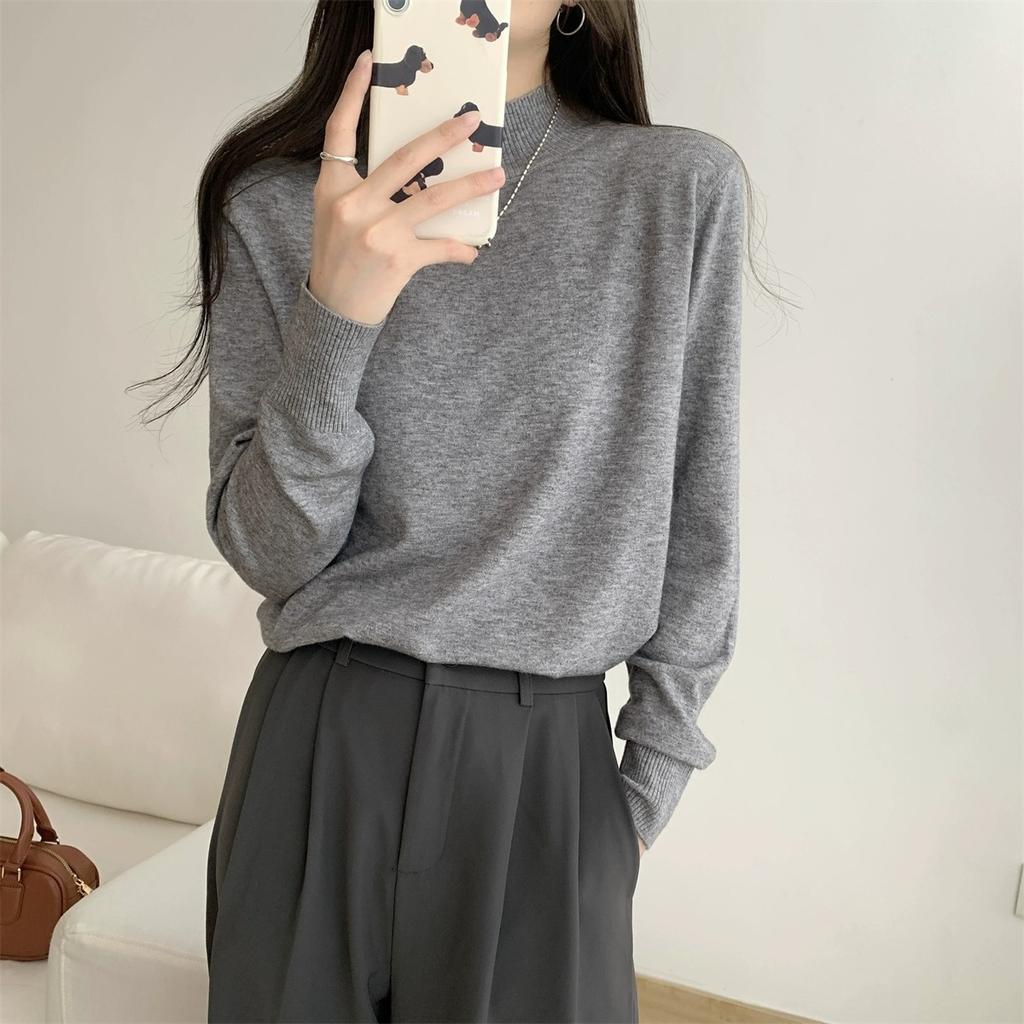 Solid Color Semi-turtleneck Knitted Bottoming Shirt Women's New Sweater Loose Andy Fleece Warm Inner Top
