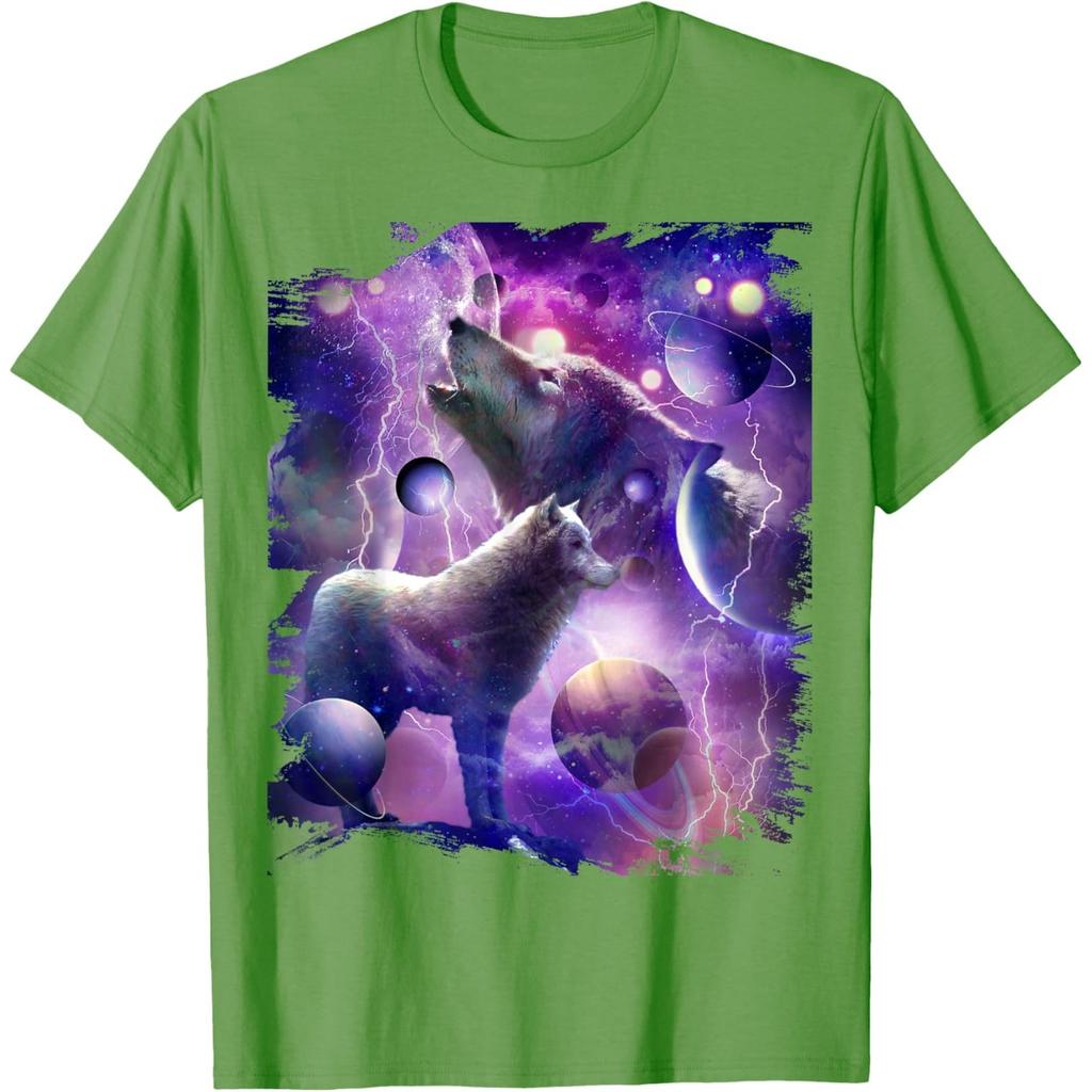 Cosmic Wolf Howling Graphic Tee Men Casual Round Neck Breathable Cotton Print Tshirt