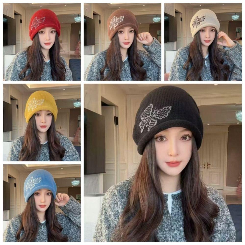 Butterfly Pattern Drawstring Beanie Cap Windproof Ear Protection Hat Knitted Woolen Hat  for Women