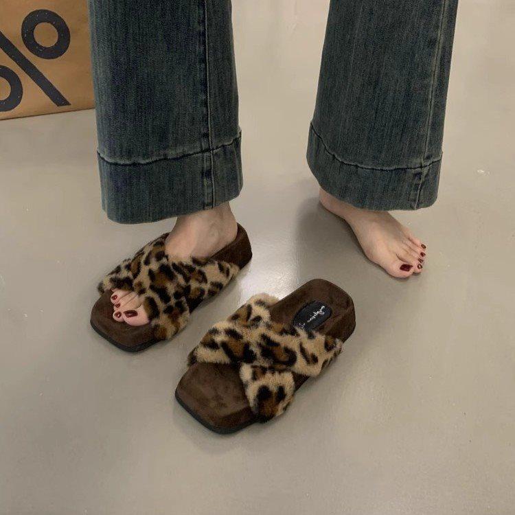 Lässige Herbst- und Winter-Kreuzworträtsel sanfte Retro-Dicksohlen-Flauschpantoffeln Damen tragen vielseitige Baumwollschuhe Leopardenmuster Samt