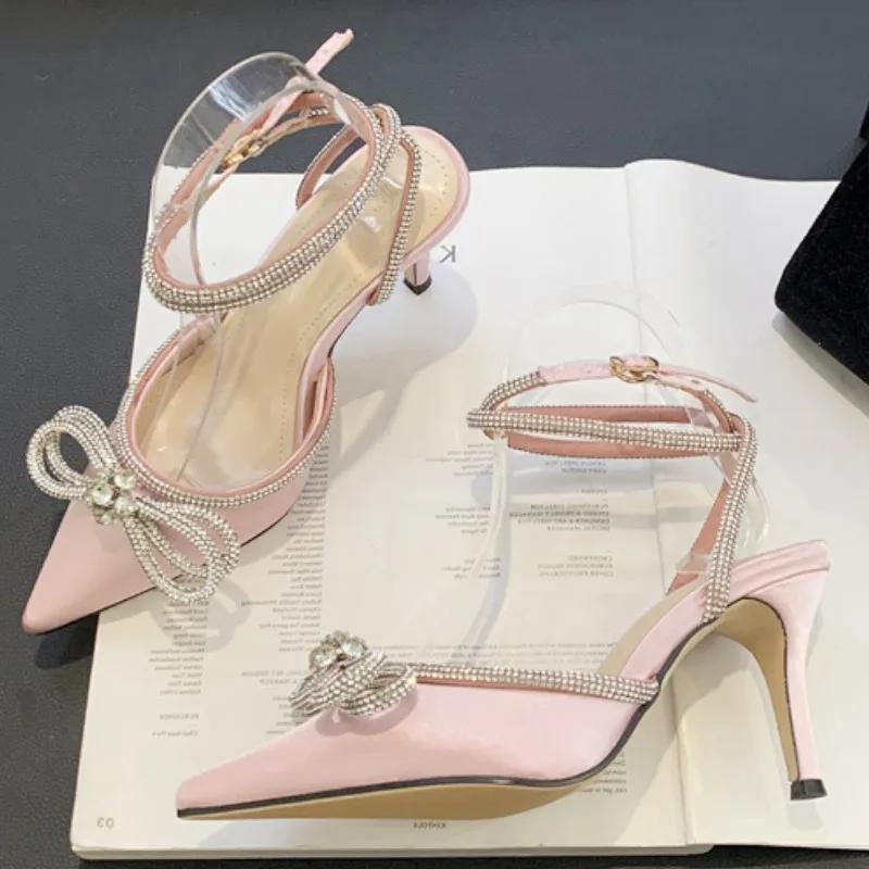 Luxury Rhinestone Bow High Heeled Sandal Women Elegant Summer Dress ankle strap Heels Shoe Sexy Pointed Toe Satin Designer Pumps
