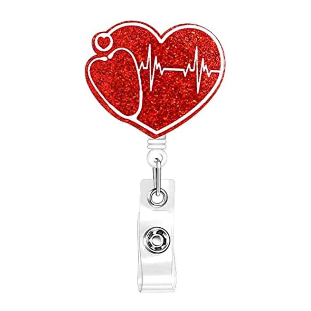 Sticlă Amprentă Bebeluș Acrilic Medical cu Paiete Bobină Retractabilă pentru Insigne Suport Insignă cu Clips Rotativ Crocodil Pentru Doctor Asistentă