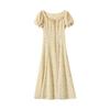 Coffee break French yellow floral dress children's summer new unique beautiful pure waist pinch dress