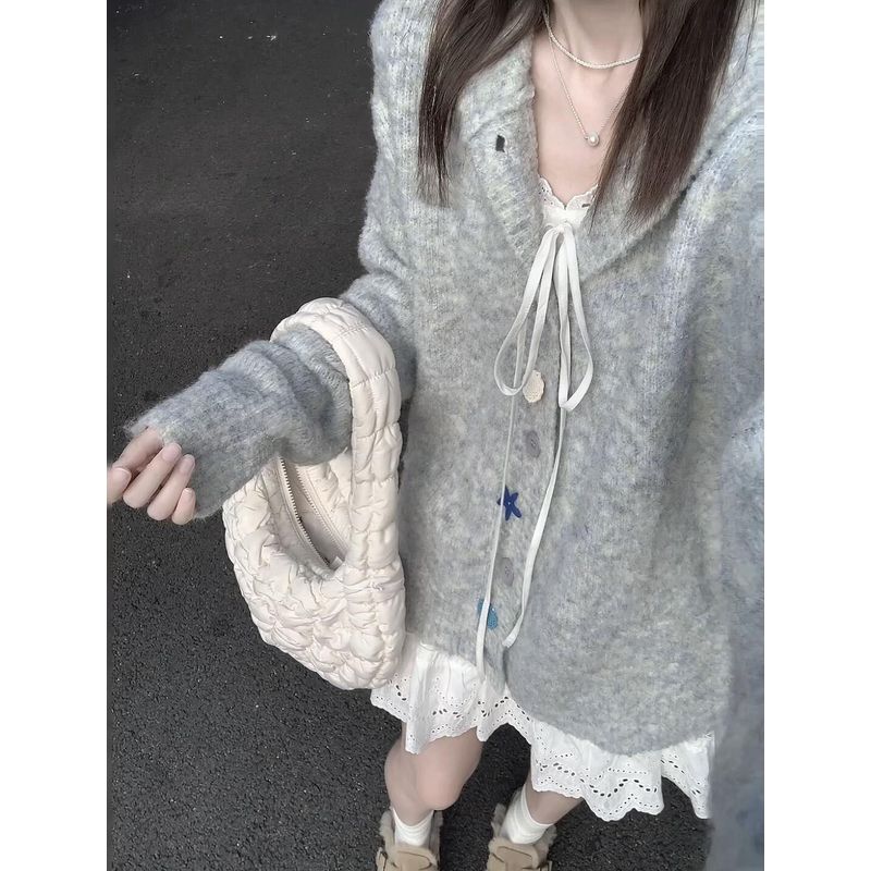 

Асимметричный кардиган с капюшоном на пуговицах специальной формы, верхняя одежда для женщин, осень-зима, ленивый стиль, мягкий, клейкий, стильный трикотаж Grey S