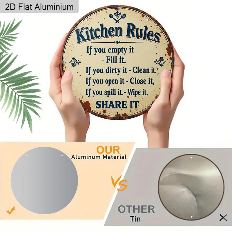 2D Flat Aluminum Rustic Farmhouse Kitchen Decor Round Metal Sign, Cute Family Manners Sign for Mom, Wife, Housewarming Gift, Pre-Drilled Holes for