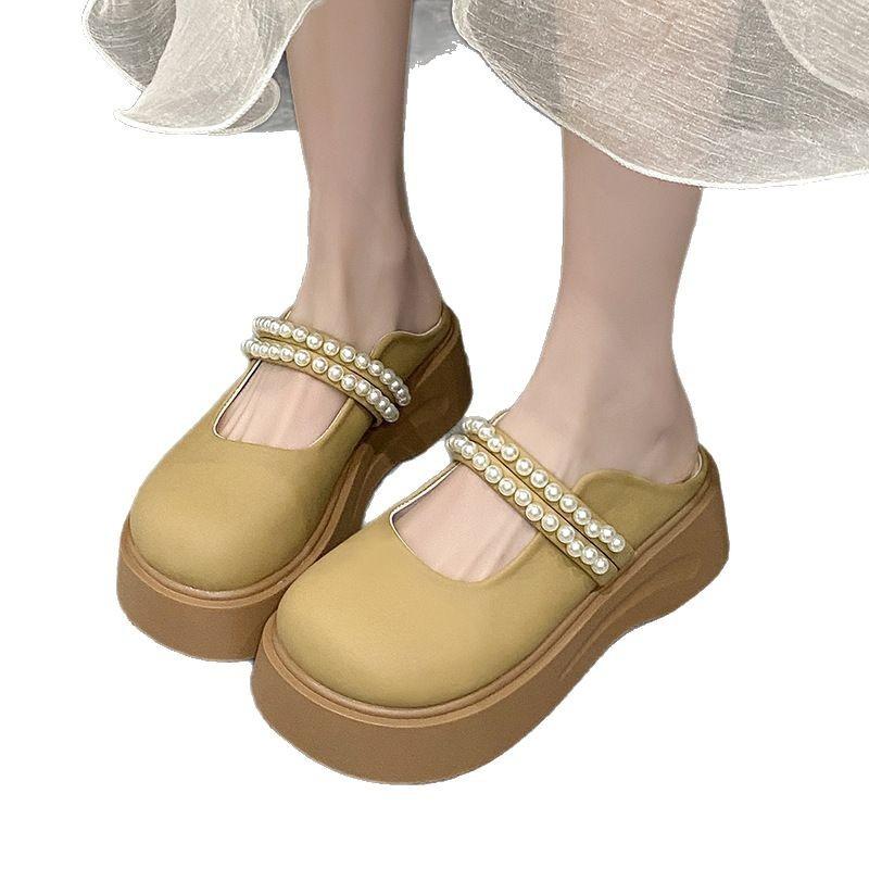 2025 Summer New Women's Shoes Muffin Platform Mary Jane Shoes Pearl Bag Head Slippers Casual Versatile Half Drag 2025