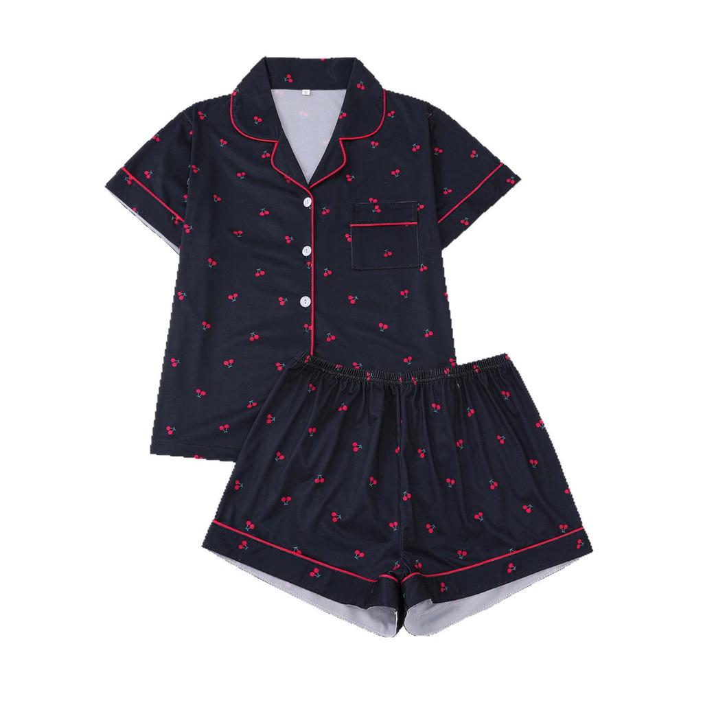 Cherry Print Women's Pajama Set - Short Sleeve & Shorts, European & American Style Home Wear