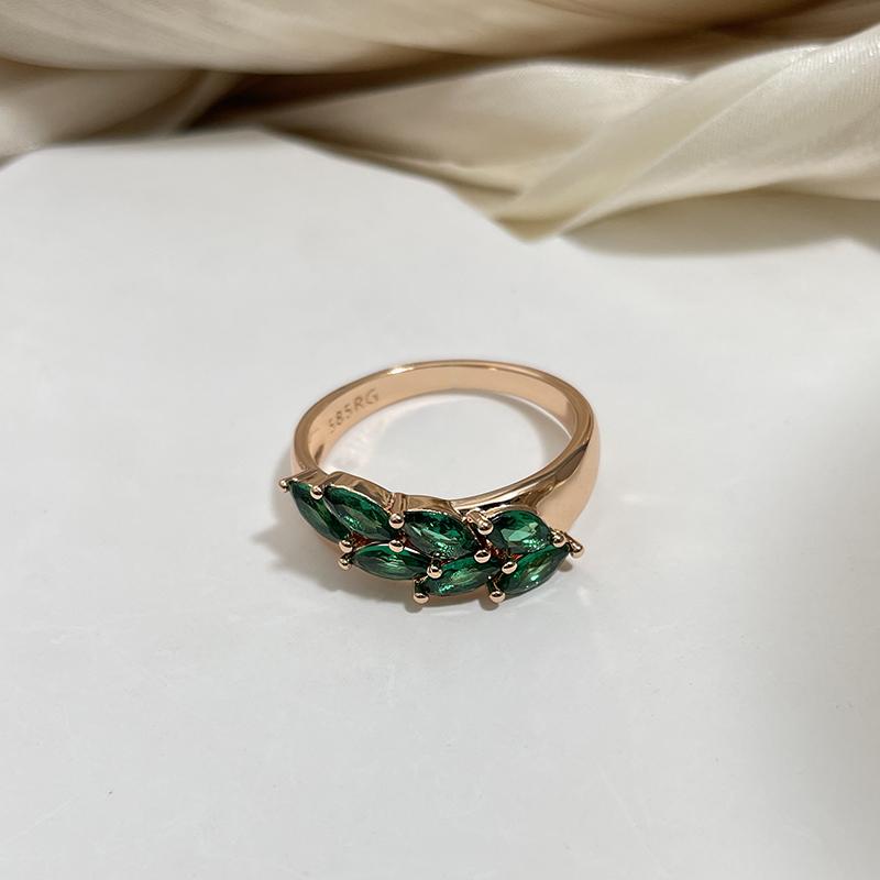 Vintage Green Zircon Leaf Rings For Women Rose Gold Color Luxury Ring Bride Wedding Fine Jewelry Gift