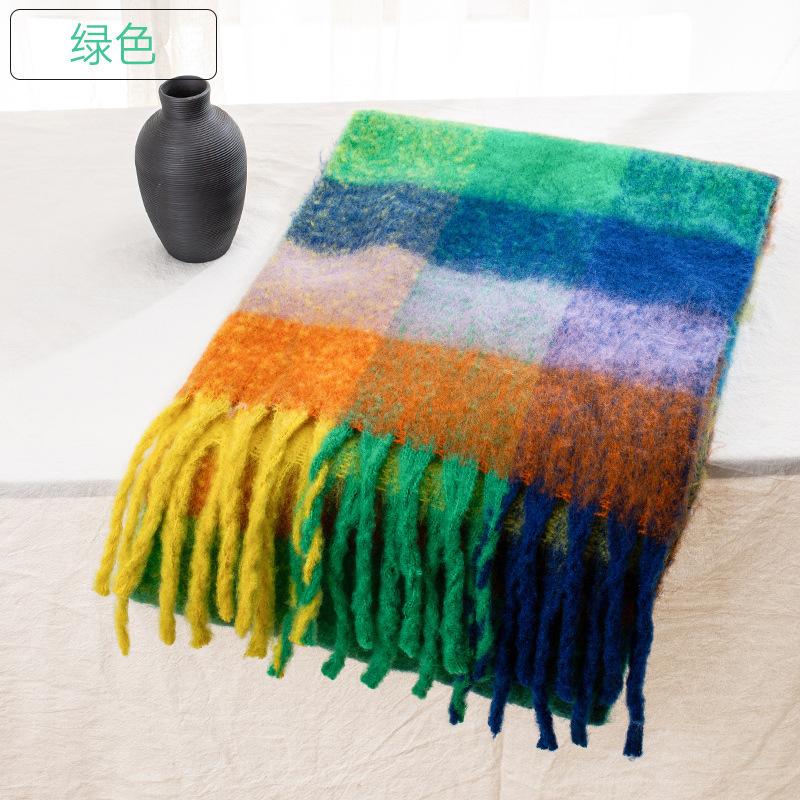 Autumn and winter European and American color matching AC imitation cashmere thick fringed scarf rainbow plaid mohair warm female student plus