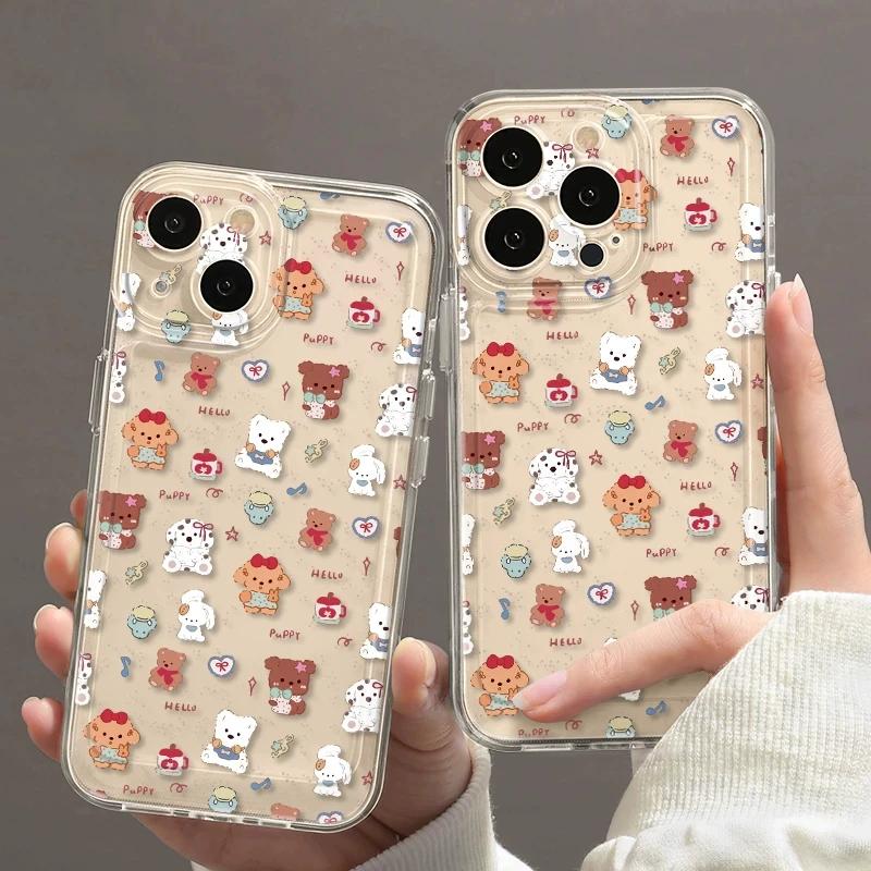 Cute Kawaii Cartoon Bear Puppy Clear Phone Case, Soft Pastel Aesthetic Shockproof Protective Cover for iPhone