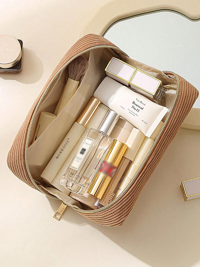 1 corduroy makeup bag, minimalist women's zipper travel bag, lip gloss organizer, brush storage bag, large-capacity small bag