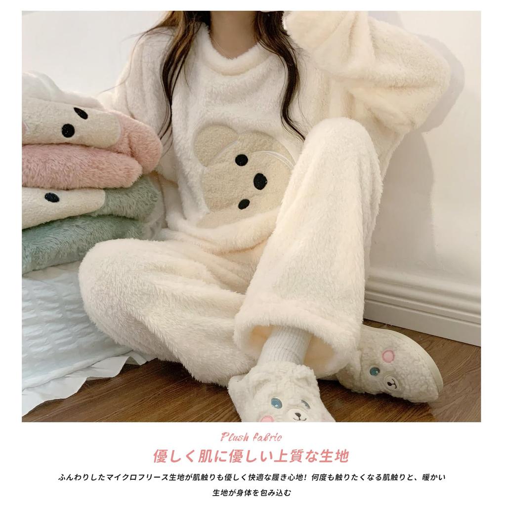 Tiernyueth Fluffy Loungewear Long Round Tapered Pullover Warm Soft and Fluffy Loungewear for Fall and Cute Bear Design Women's Set, Sleeves, Neck,