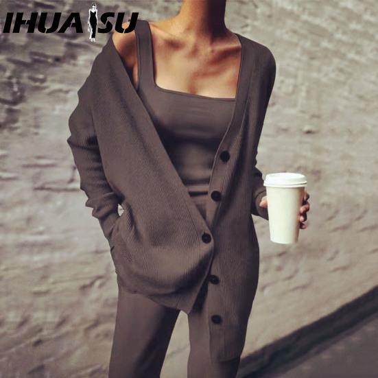 

IHUASU Knitted Three-piece Summer Women s Coat, Vest and Trousers Set S чёрный