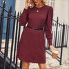 Vår höst enfärgad puffärm O-hals ledig lös miniklänning för kvinnor mode elegant elastiska klänningar kontorsdamklänning kvinna