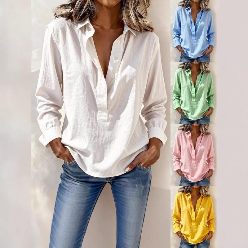 Spring Summer Linen Blend Half Button Down Shirt Long Sleeve Collared Casual Blouse