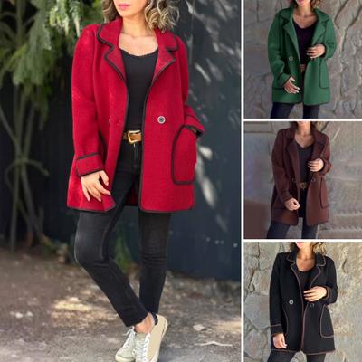 Chaqueta de mujer de otoño y primavera con cuello vuelto holgado, bolsillos, cierre de doble botón, abrigo de lana cálido de doble cara, abrigo de largo medio para ir de compras y viajar