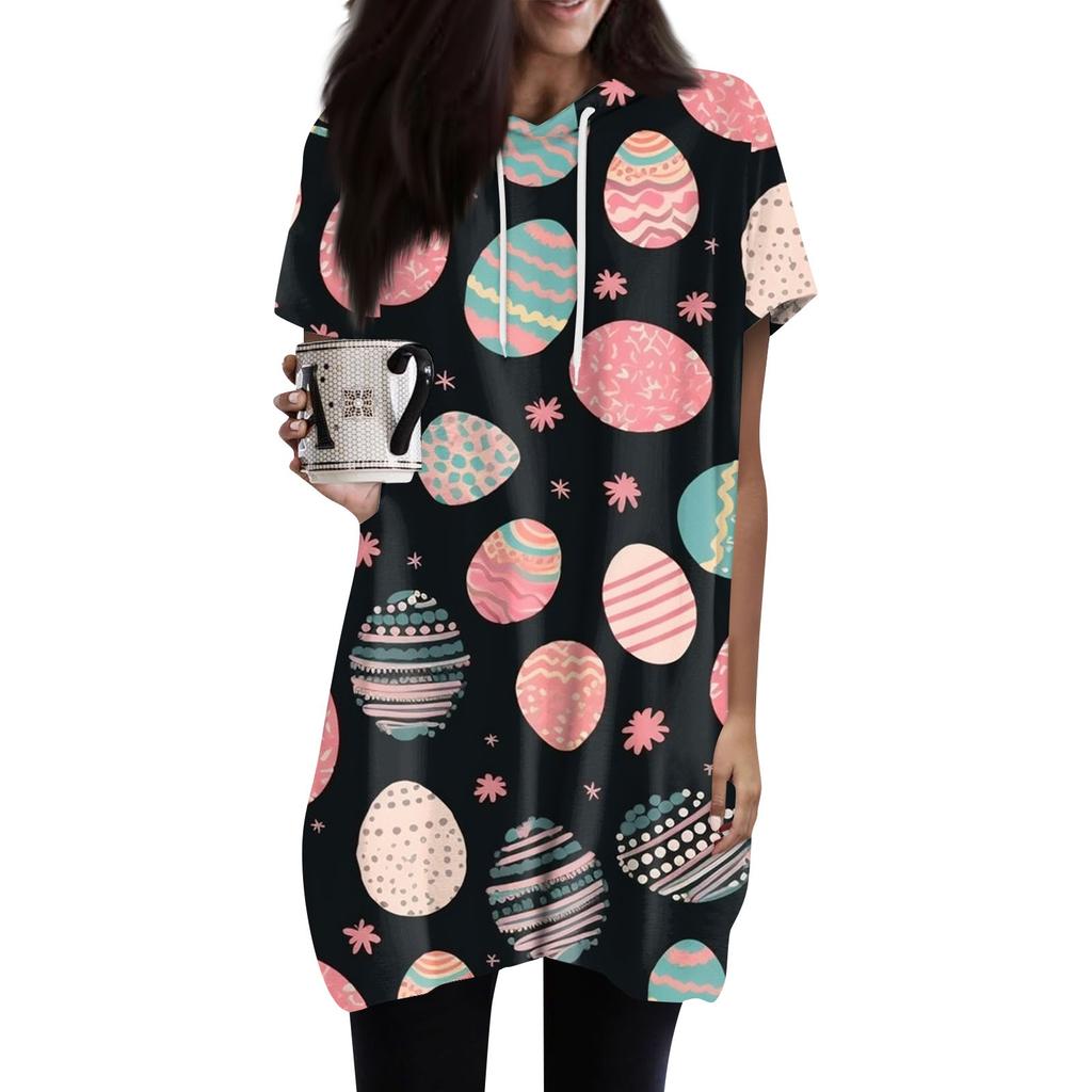 Women's Fashion Casual Easter Print Hooded Pocket Short Sleeve Top
