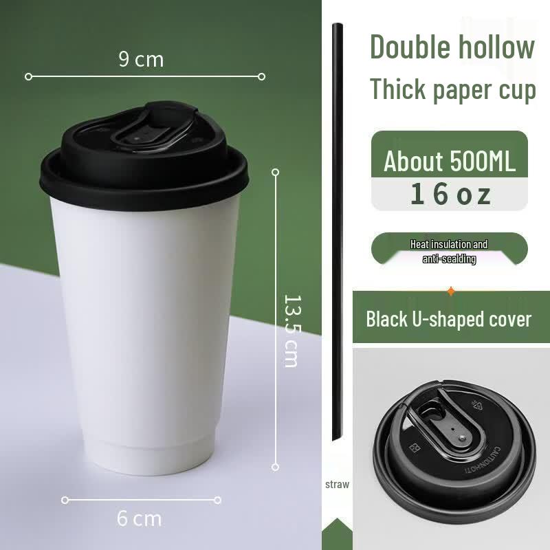 500ml Disposable Double-Layer Paper Coffee Cups with Lids and Straws