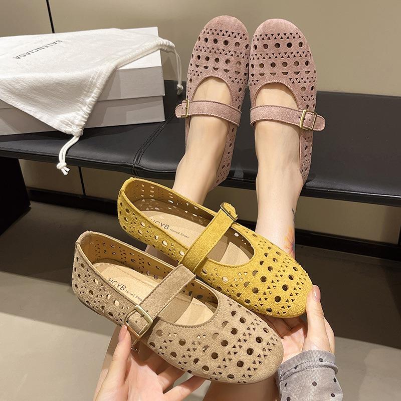 Hollow Hole Shoes Women's New Summer Shallow Mouth Comfortable Retro Word Belt Mary Jane Shoes Flat Single Shoes Women