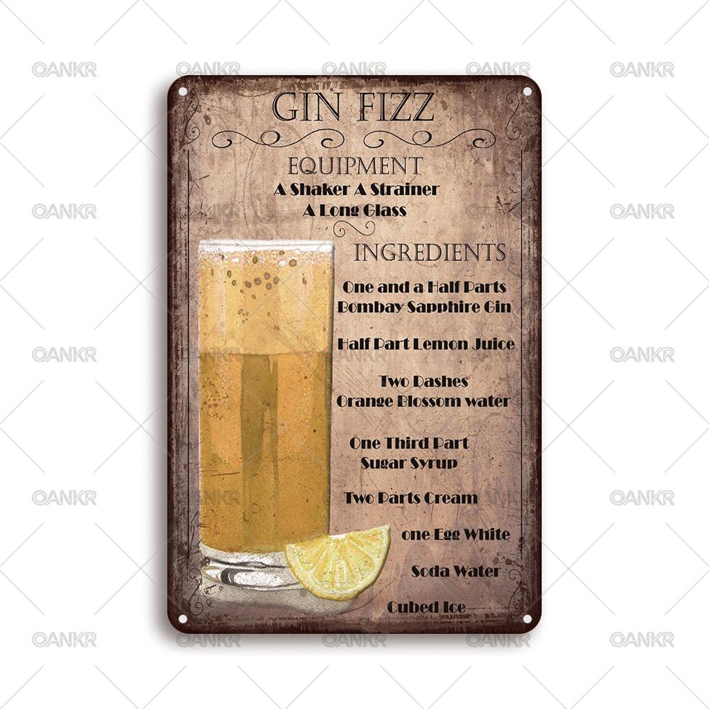 Vintage Art Cocktail Poster Metal Tin Sign Gin Fizz Recipe Metal Signs for Home Pub Bar Wall Decor Plaque 20x30cm（7.8x11.8inch）