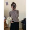 Women's White Cashmere Slim-Fit Long-Sleeve T-Shirt with Stand-Up Collar - Autumn/Winter Velvet-Brushed Solid Color Top
