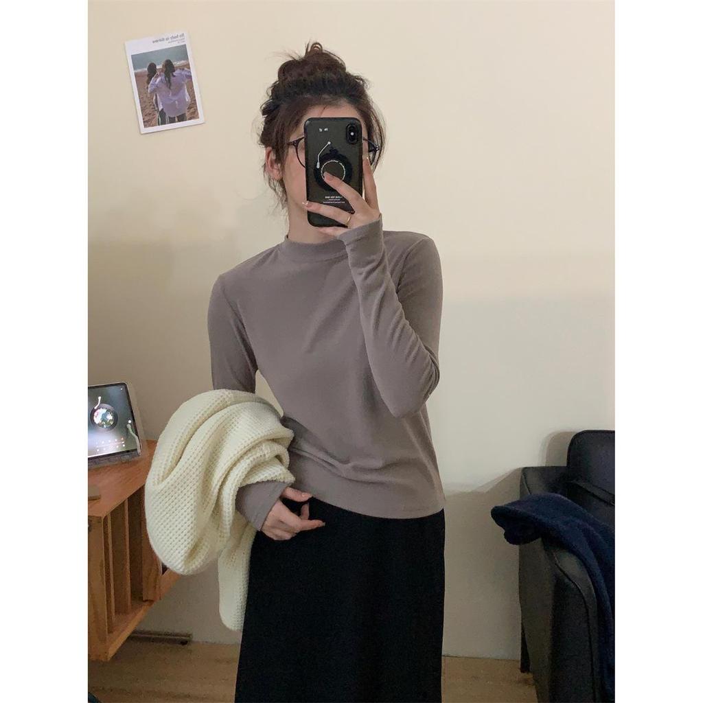 Women's White Cashmere Slim-Fit Long-Sleeve T-Shirt with Stand-Up Collar - Autumn/Winter Velvet-Brushed Solid Color Top