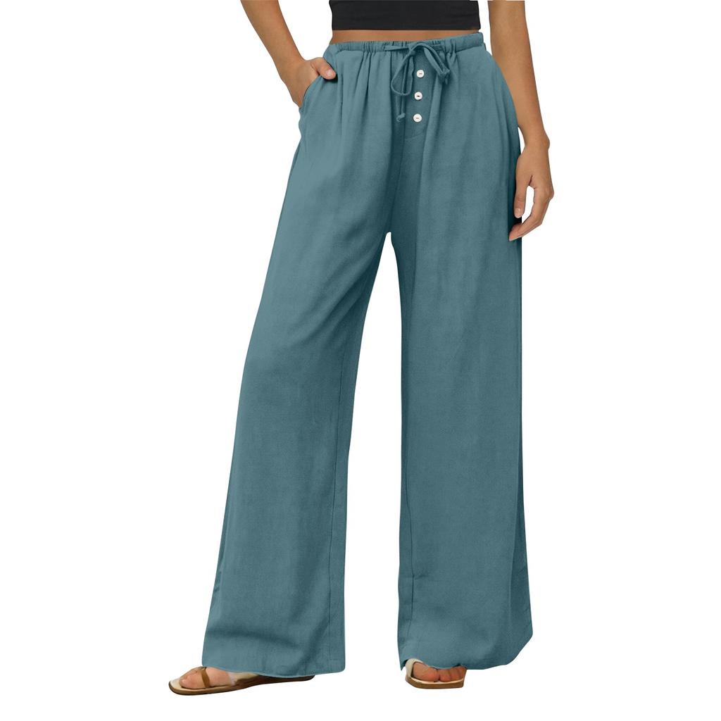 Women's Casual Fashion Cotton And Linen Drawstring Button Trousers