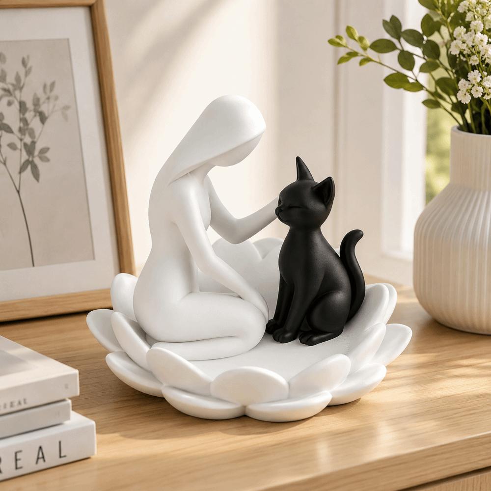Creative Girl And Cat Statue 3D Printed Lotus Cat Sculpture Collection Desktop Ornaments Home