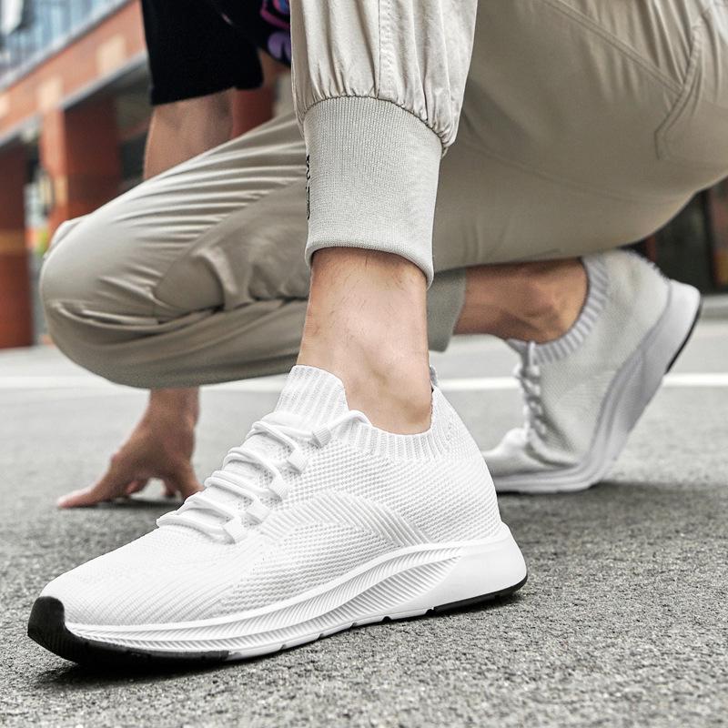 Men's 7cm Height-Increasing White Knit Sneakers: Breathable, Invisible Lift, Casual Running Shoes