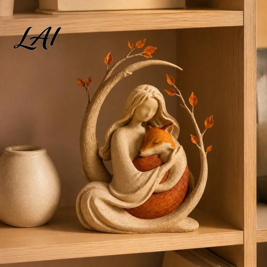Resin Animal Sculpture Woodland Guardian Figurine Rustic Forest Woman with Fox Deer Owl Artistic Keepsake Boho Tabletop Ornament for Shelf