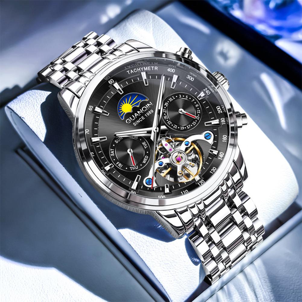 GUANQIN Men's Watches Luxury Fashion Fine Steel Original Automatic Mechanical Wristwatch Waterproof Luminous Moon Phase Calendar