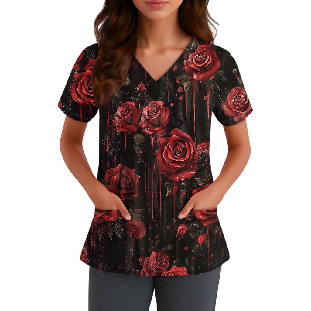 Women V Neck Short Sleeve Top with Pockets Halloween Themed Printed Scrub Shirt Comfortable Fit for Staff