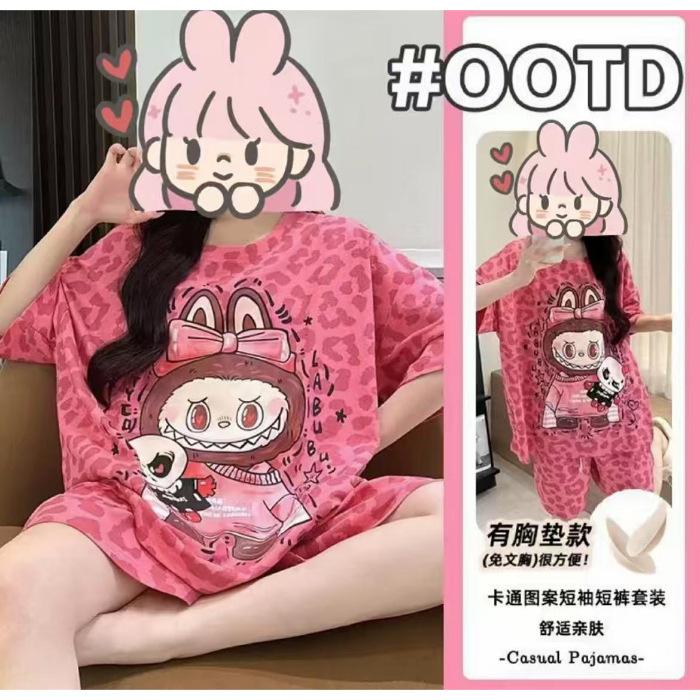 

Spot [Women s Summer Short Sleeve Shorts Set with Chest Pad Pajamas] Crew Neck Summer Cute Cartoon Girl Loungewear M