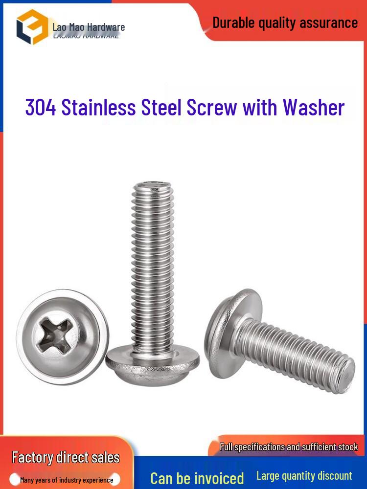 304 Stainless Steel Round Head Screw with Washer, Cross Slot, Pan Head, M4/M5/M6 DIN967 M3*16 (20 pcs)