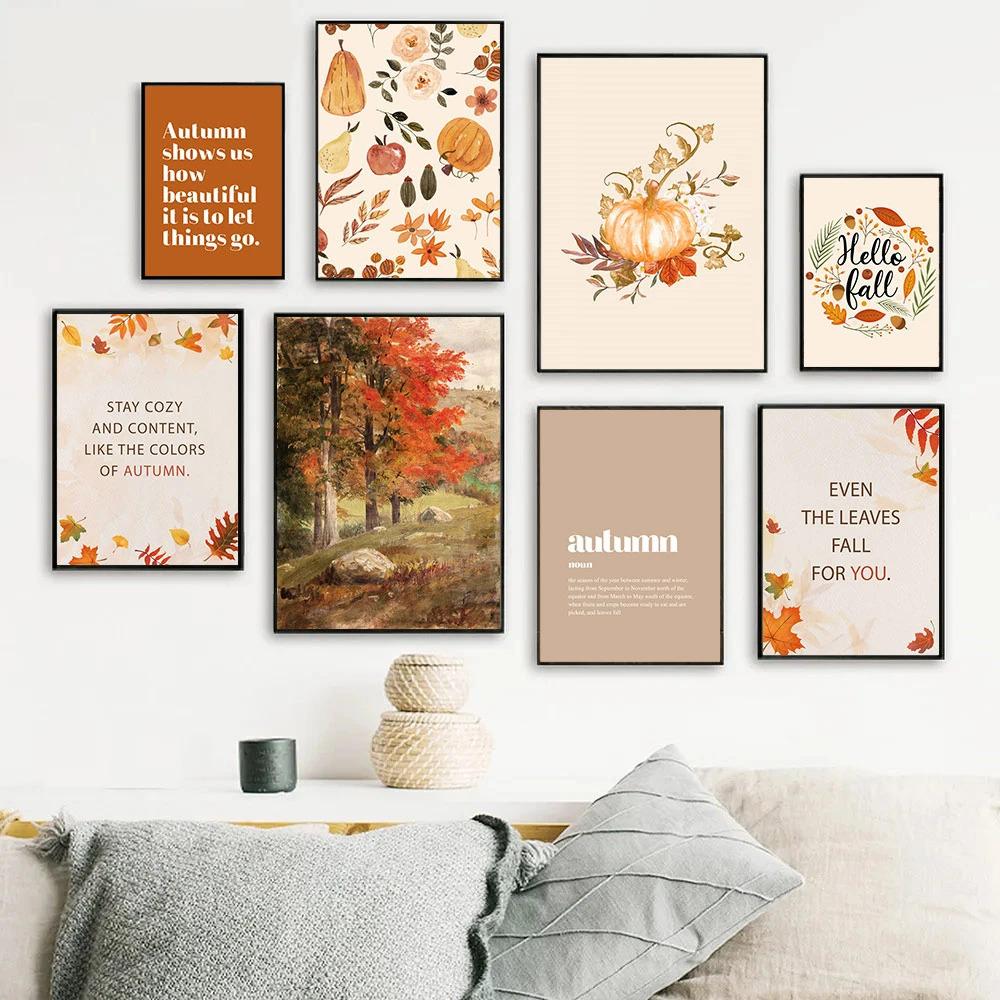 Canvas Painting Autumn Scenery Leaf Poster Print Nordic Wall Pictures Living Room Home Decor Hello Pumpkin Art