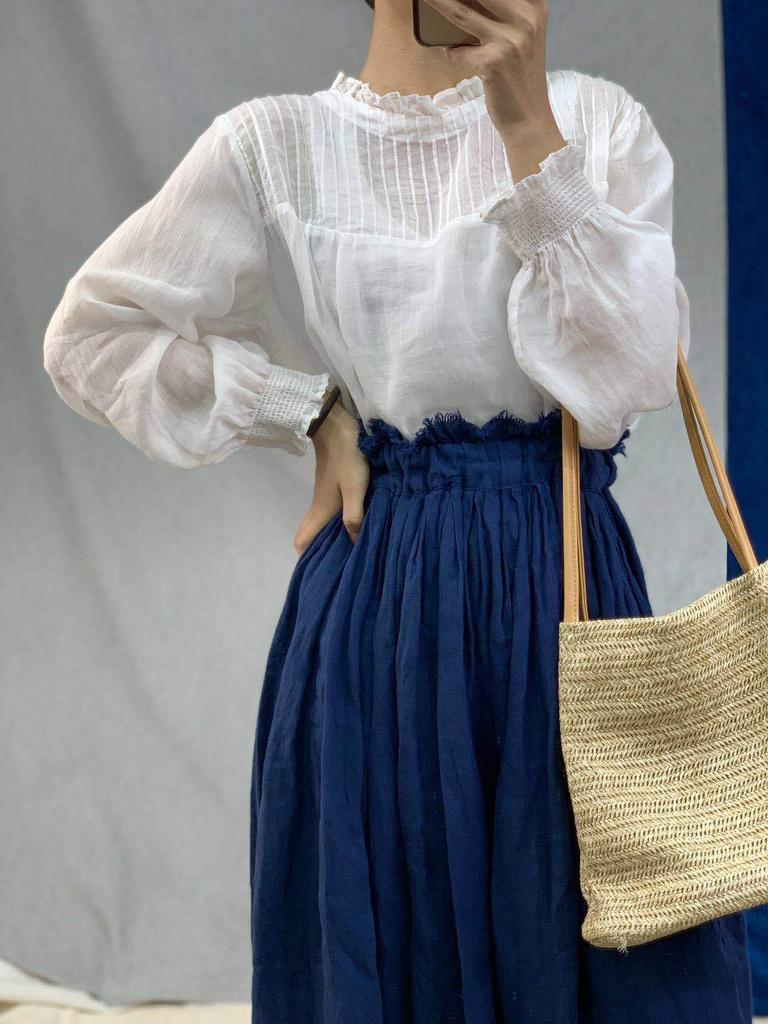 Johnature Vintage Thin Ruffles Loose Womens Blouses Summer All Match Sunscreen Button Female Shirts