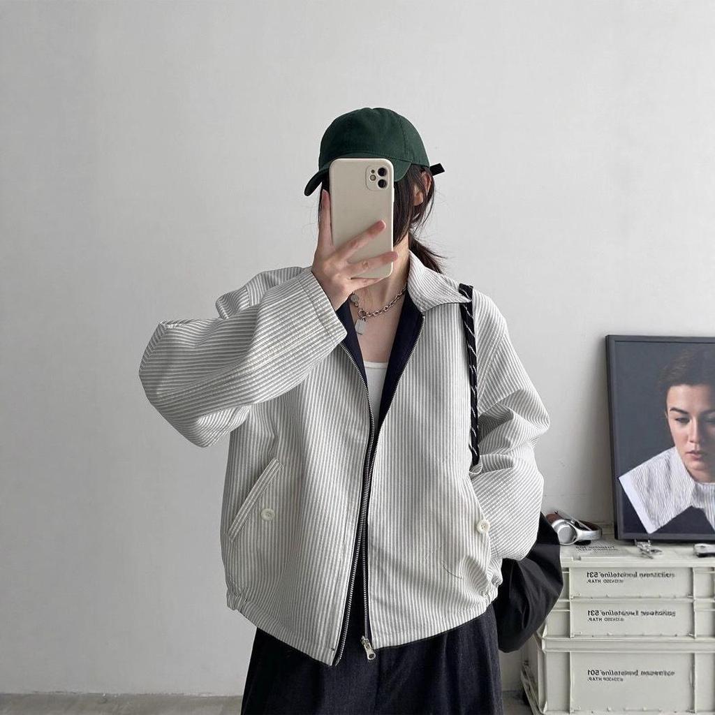 Retro Striped Reversible Jacket - Turn-Down Collar, Loose Casual Fit for Spring & Autumn 2025