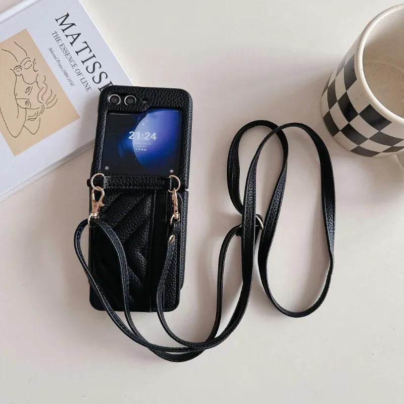 

Кошелек-кроссбоди на шнурке, чехол для телефона для Samsung Galaxy Z Flip 6 5 4 3 Flip6 Flip5 Flip4 Flip3 5G, держатель для карт, кожаный чехол For Galaxy Z Flip5 чёрный