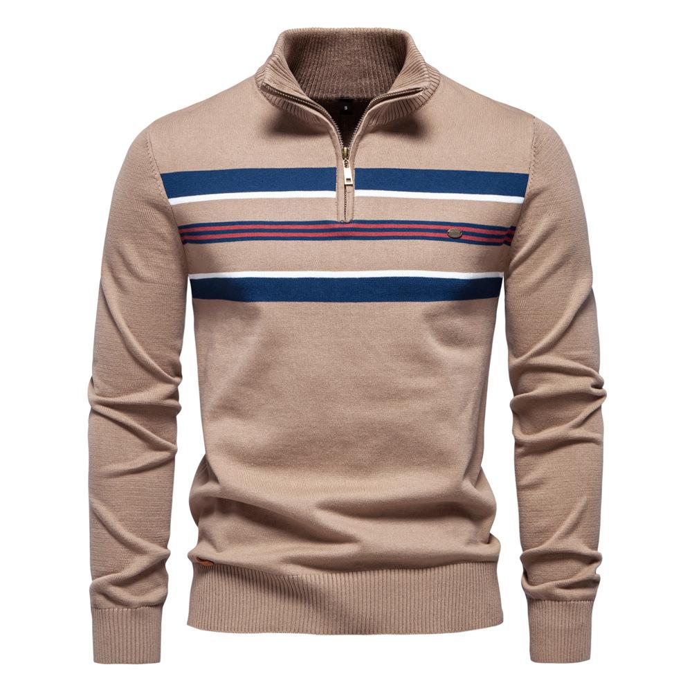 New Autumn and Winter Men's Sweater Half Zipper Sweater Casual Striped Men's Top